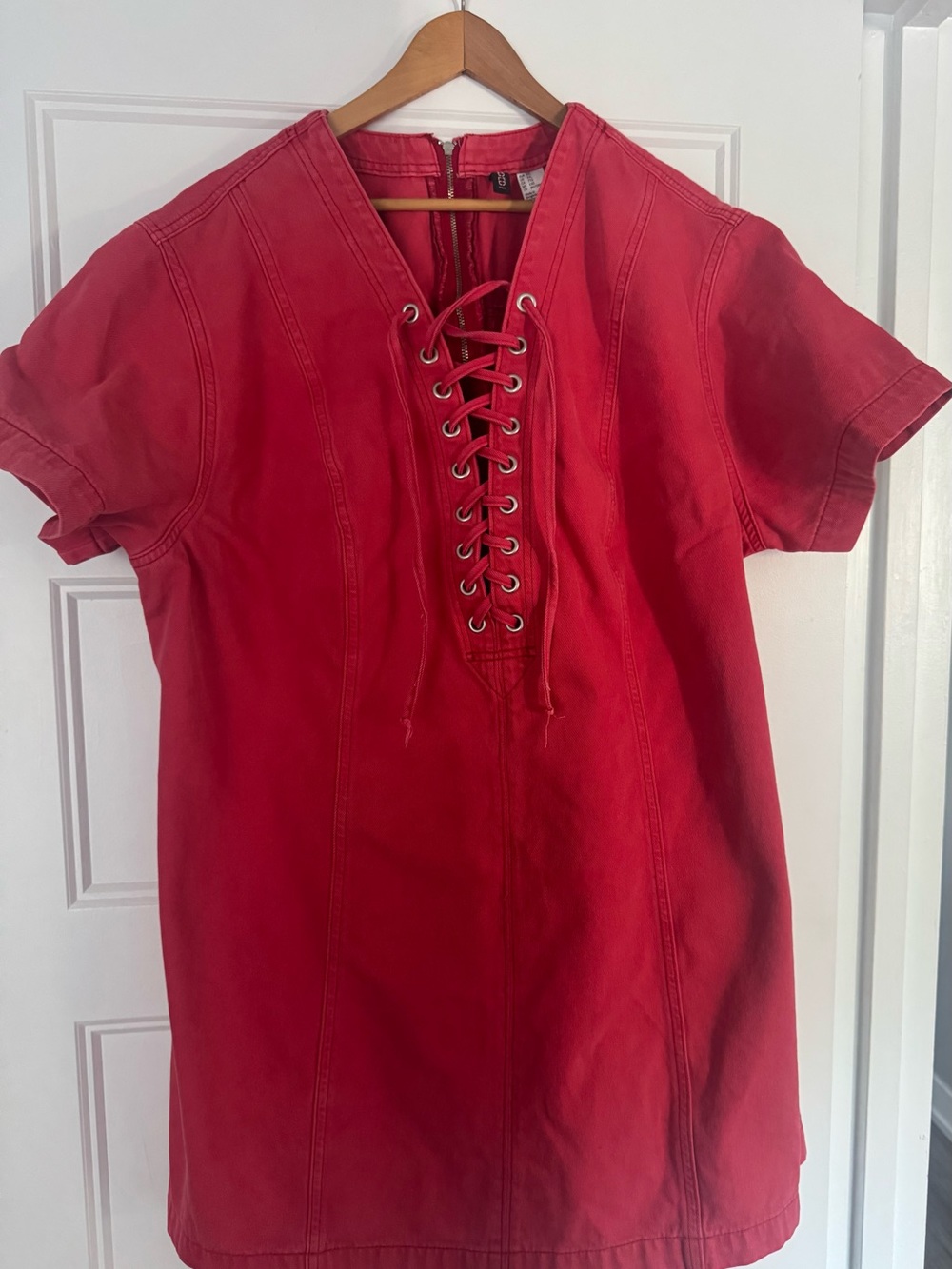 Red Lace-Up Short-Sleeve Denim Dress